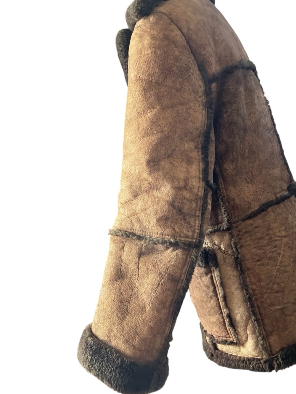 Vintage Leather Shearling Coat with Dark Brown Trim - Picture 9 of 12